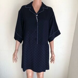 Gucci Navy Blue Mini Dress GG Satin Monogram Hammered Elegant Women's Size 42